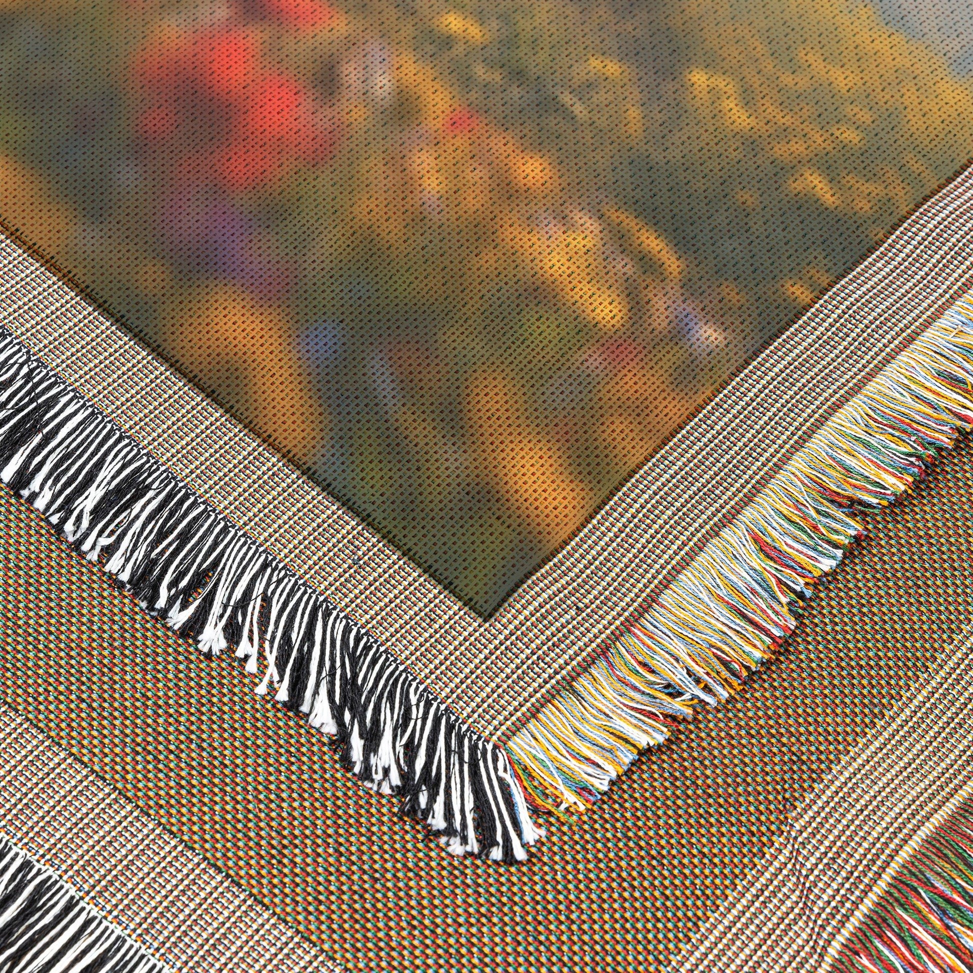 Woven Throw Blanket Featuring Children Enjoying a Rainbow Over a Flower Field with a Magical Sunset View - Awakening Righteousness