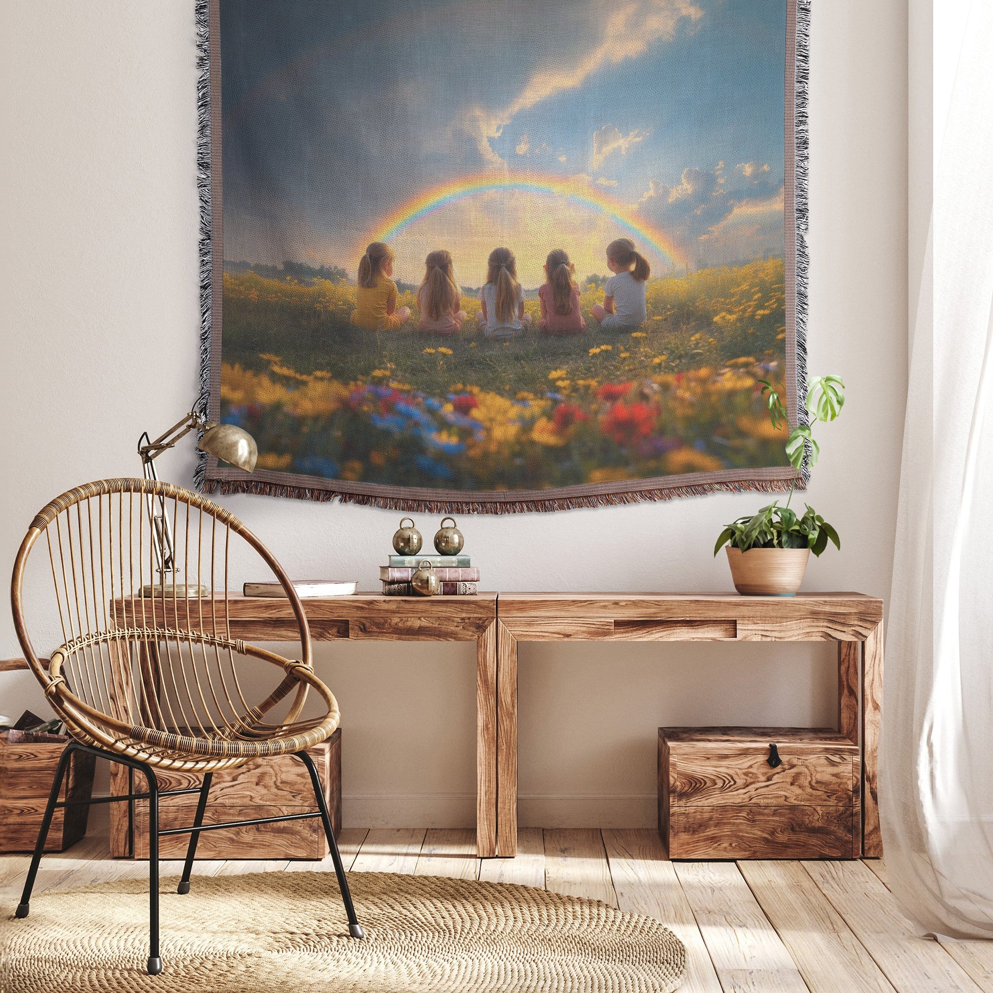 Woven Throw Blanket Featuring Children Enjoying a Rainbow Over a Flower Field with a Magical Sunset View - Awakening Righteousness
