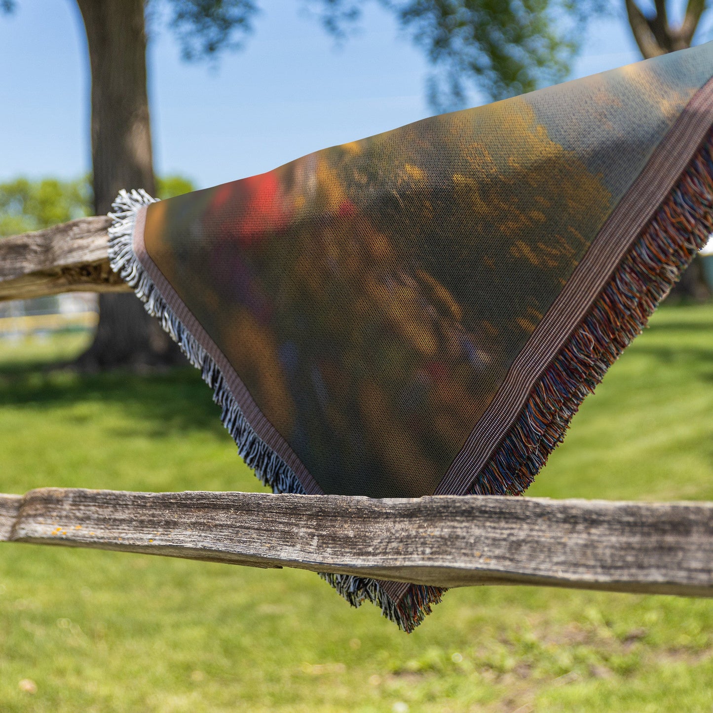 Woven Throw Blanket Featuring Children Enjoying a Rainbow Over a Flower Field with a Magical Sunset View - Awakening Righteousness
