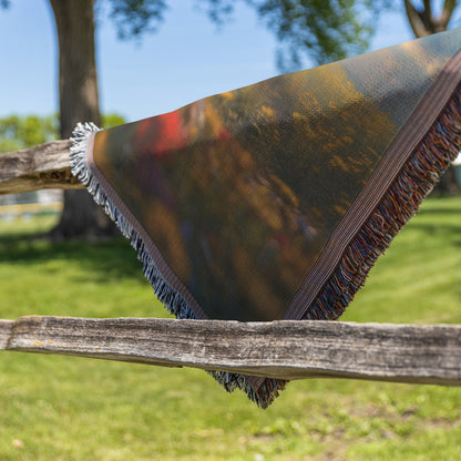 Woven Throw Blanket Featuring Children Enjoying a Rainbow Over a Flower Field with a Magical Sunset View - Awakening Righteousness