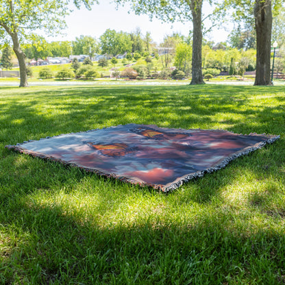 Woven Throw Blanket with Monarch Butterflies Resting on Vibrant Pink Flowers - Awakening Righteousness