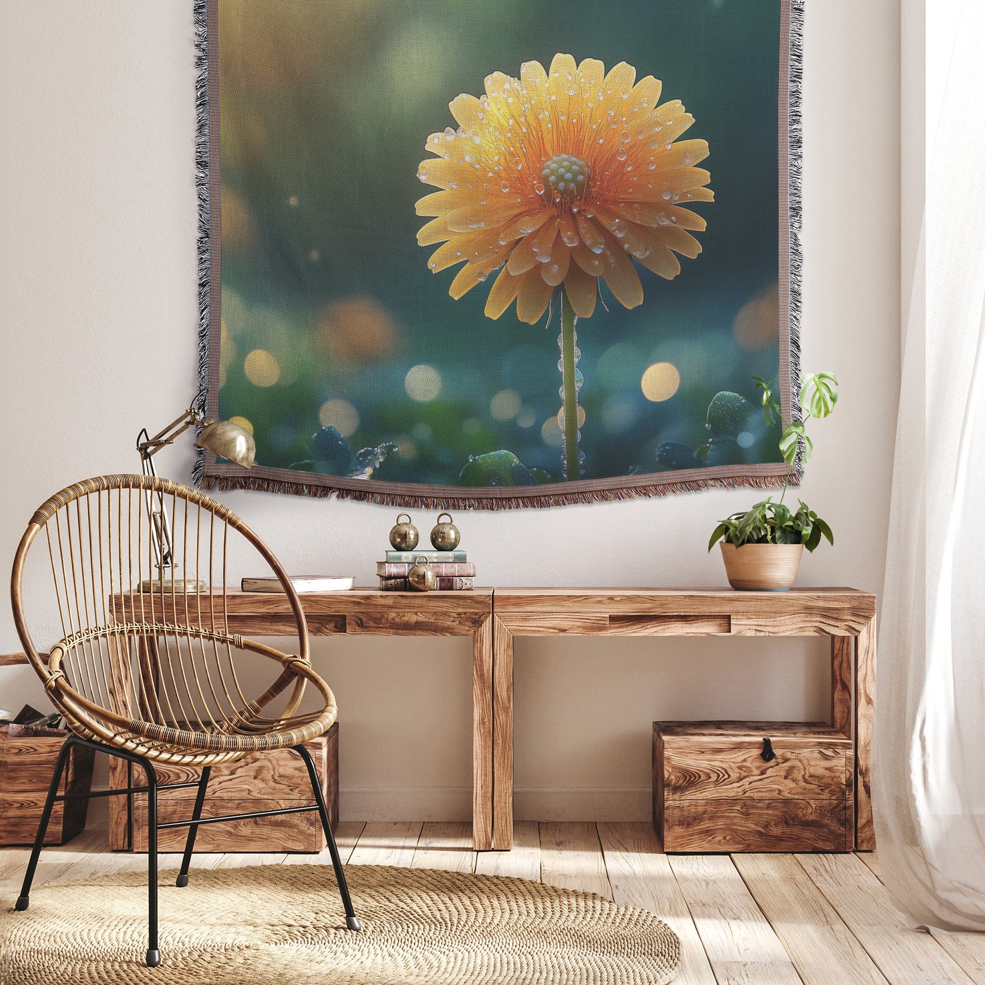 Yellow Daisy with Dew Drops in Soft Morning Light Woven Throw Blanket - Awakening Righteousness