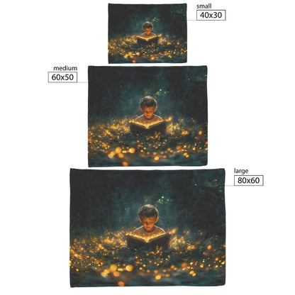 Young Boy Captivated by The Bible Surrounded by Glowing Fireflies Cozy Christian Fleece Sherpa Blanket - Awakening Righteousness