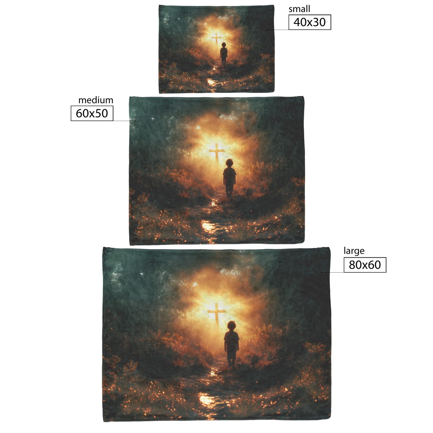 Young Boy Walking Towards Glowing Cross in Serene Dusk Cozy Fleece Sherpa Blanket - Awakening Righteousness