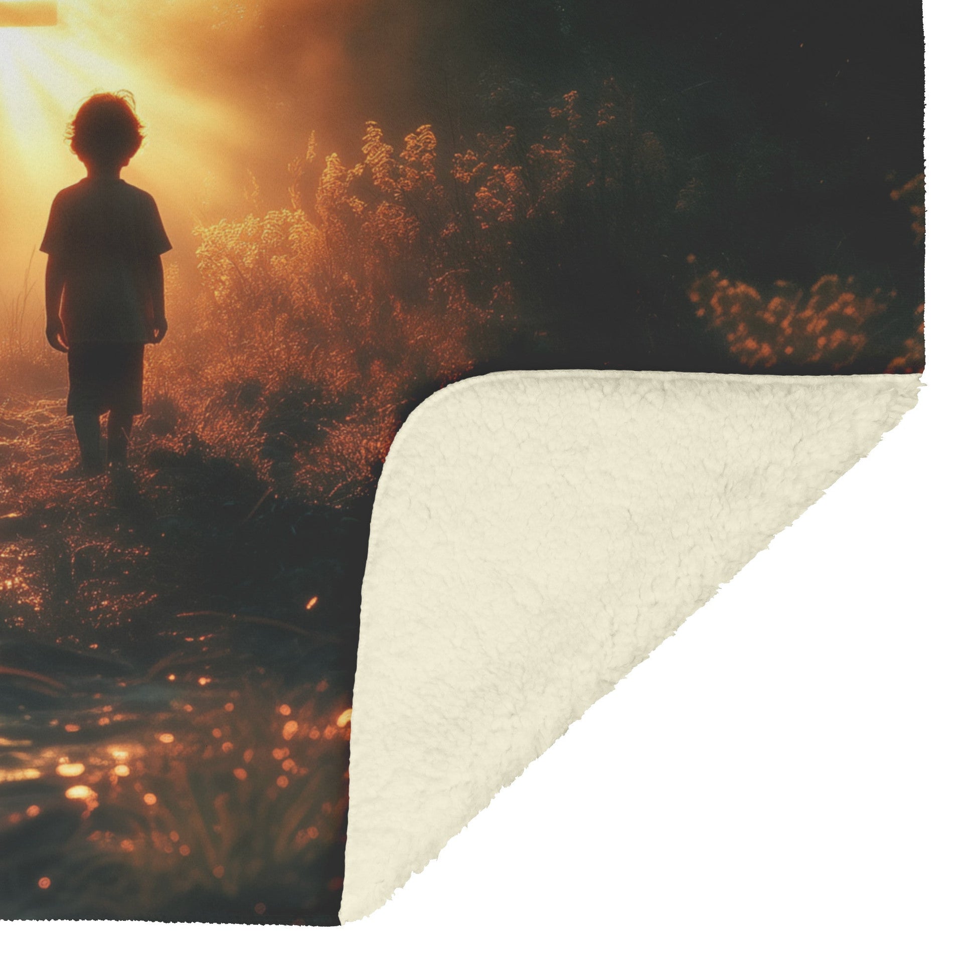 Young Boy Walking Towards Glowing Cross in Serene Dusk Cozy Fleece Sherpa Blanket - Awakening Righteousness
