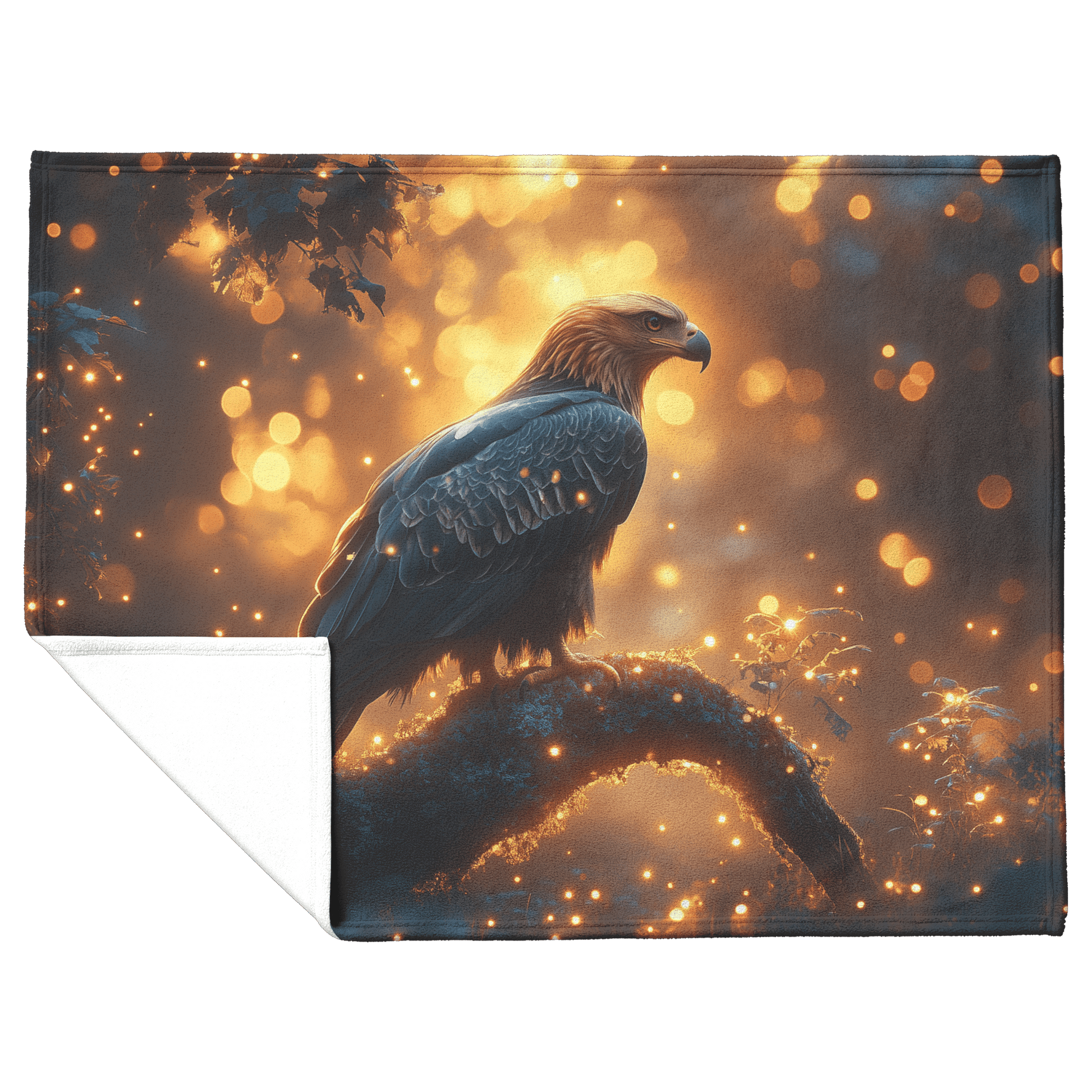 Young Eagle Perched on Glowing Tree Branch Surrounded by Shimmering Fireflies and Twilight Hues Fleece Sherpa Blanket - Awakening Righteousness