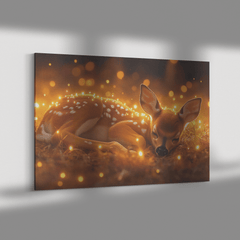 Young Fawn Resting in Golden Meadow Surrounded by Glowing Fireflies and Warm Sunset Hues - Awakening Aesthetics