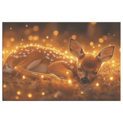 Young Fawn Resting in Golden Meadow Surrounded by Glowing Fireflies and Warm Sunset Hues - Awakening Aesthetics