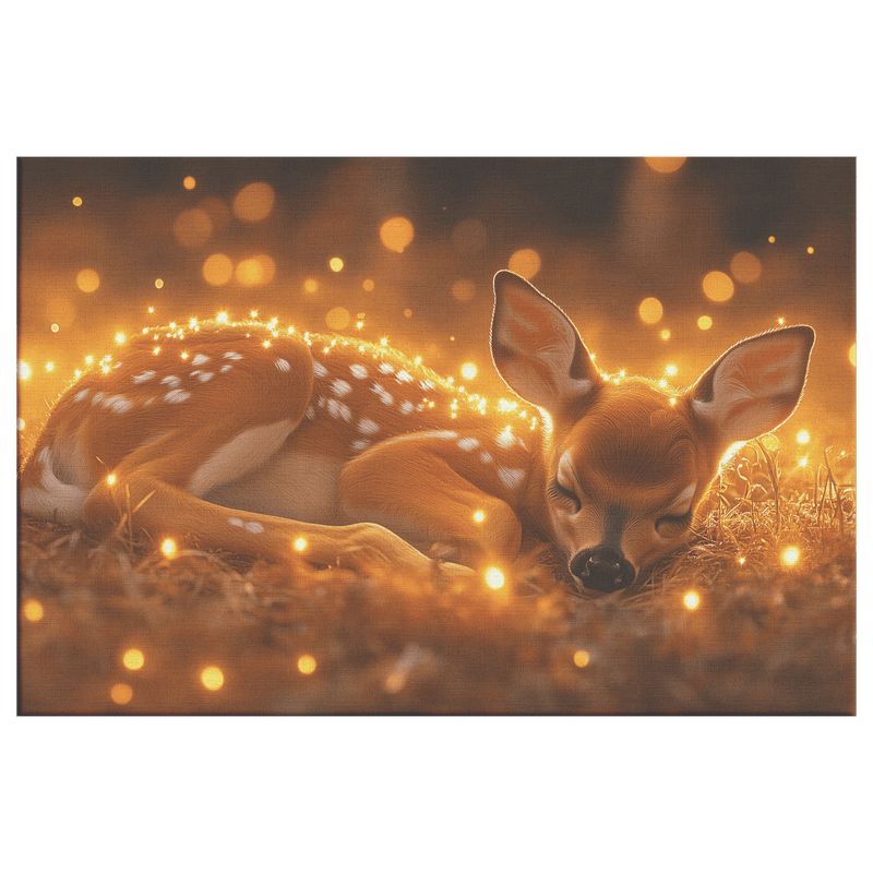 Young Fawn Resting in Golden Meadow Surrounded by Glowing Fireflies and Warm Sunset Hues - Awakening Aesthetics