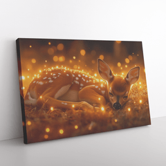 Young Fawn Resting in Golden Meadow Surrounded by Glowing Fireflies and Warm Sunset Hues - Awakening Aesthetics