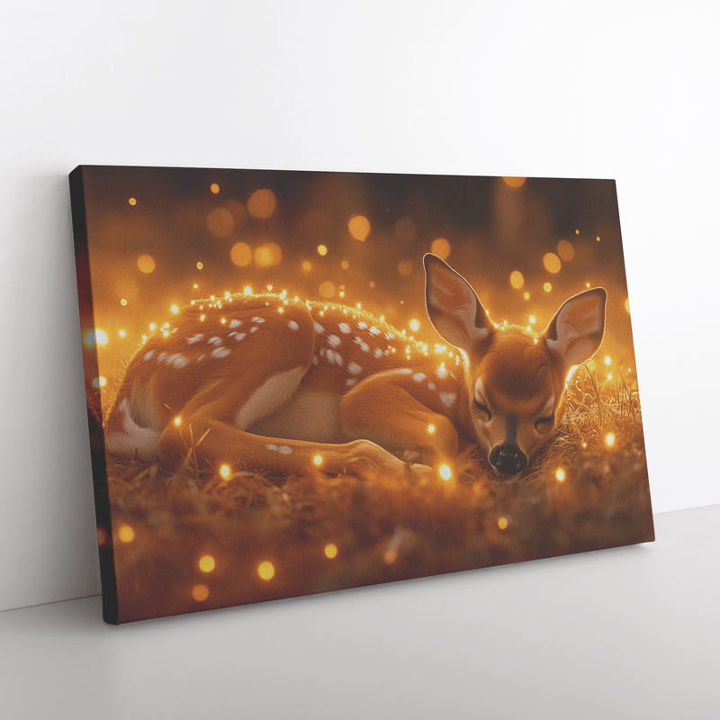 Young Fawn Resting in Golden Meadow Surrounded by Glowing Fireflies and Warm Sunset Hues - Awakening Aesthetics