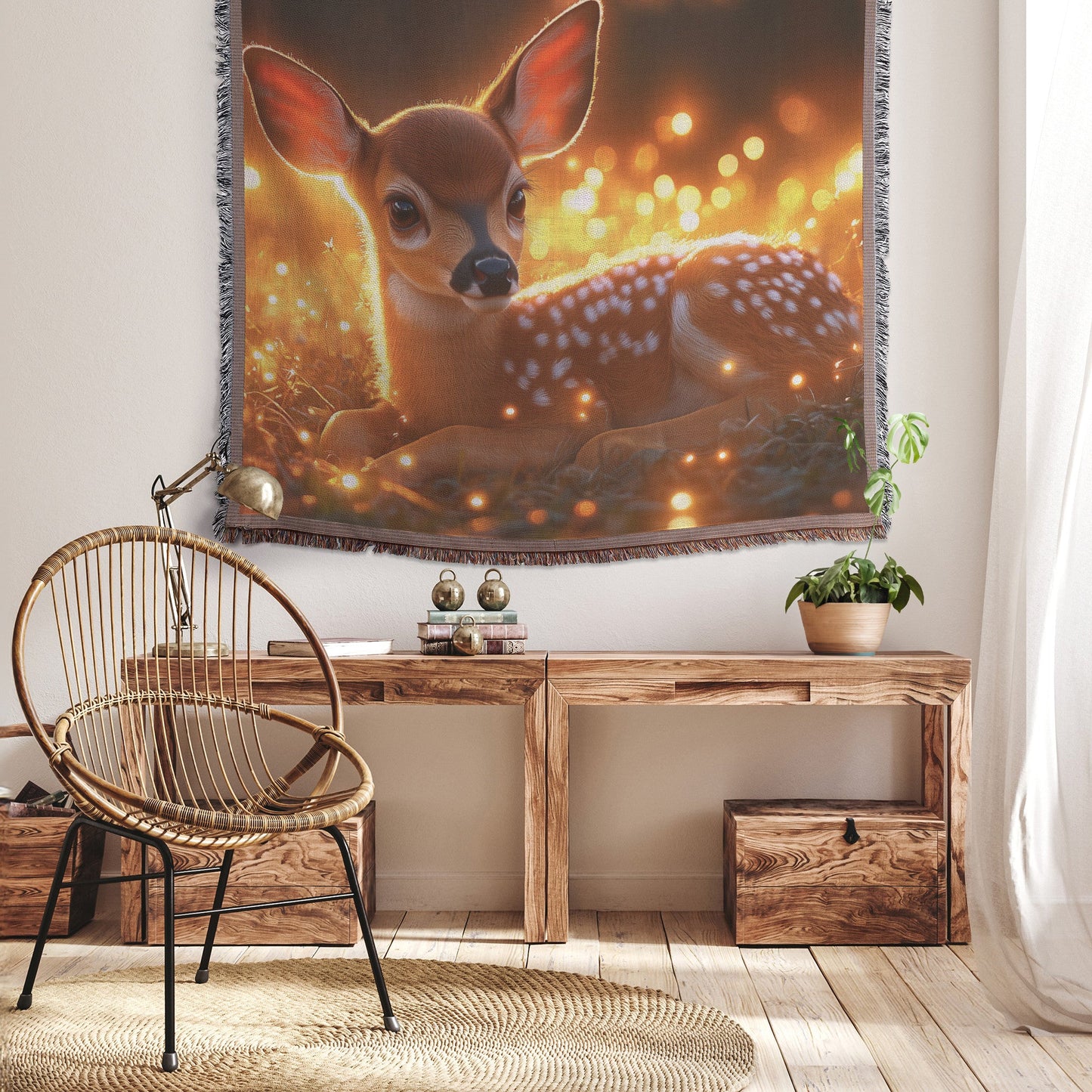 Young Fawn Resting in Golden Meadow Surrounded by Glowing Fireflies Under Warm Sunset Hues Woven Throw Blanket - Awakening Righteousness