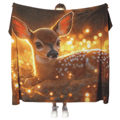 Young Fawn Resting in Golden Meadow with Glowing Fireflies and Warm Sunset Hues Fleece Sherpa Blanket - Awakening Aesthetics