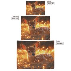 Young Fawn Resting in Golden Meadow with Glowing Fireflies and Warm Sunset Hues Fleece Sherpa Blanket - Awakening Aesthetics