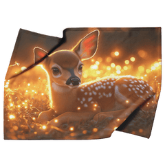 Young Fawn Resting in Golden Meadow with Glowing Fireflies and Warm Sunset Hues Fleece Sherpa Blanket - Awakening Aesthetics