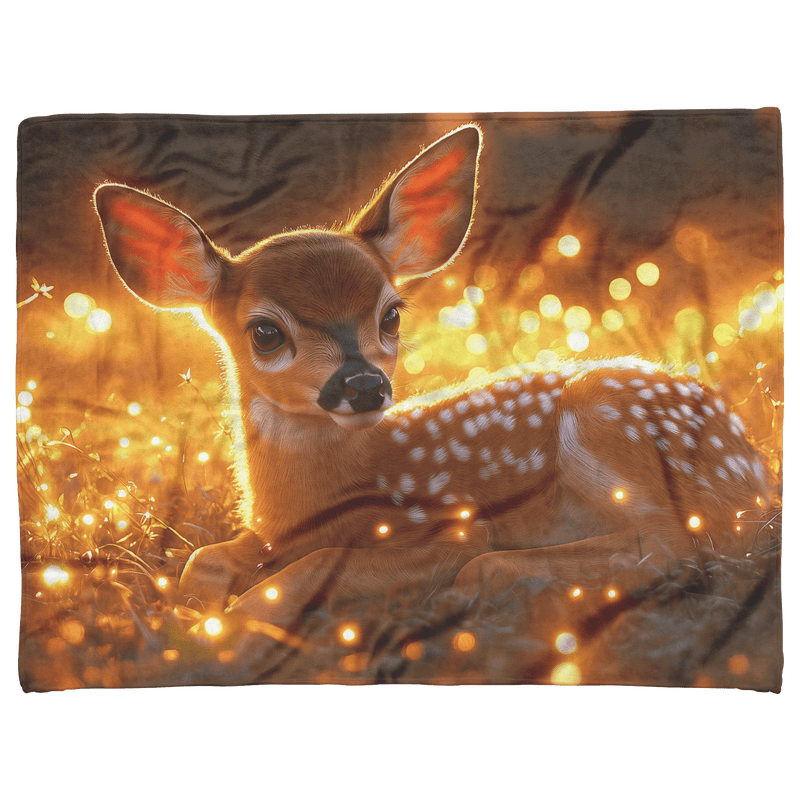 Young Fawn Resting in Golden Meadow with Glowing Fireflies and Warm Sunset Hues Fleece Sherpa Blanket - Awakening Aesthetics