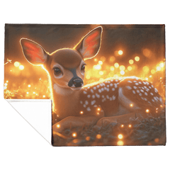 Young Fawn Resting in Golden Meadow with Glowing Fireflies and Warm Sunset Hues Fleece Sherpa Blanket - Awakening Aesthetics