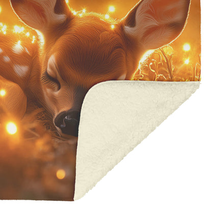 Young Fawn Resting in Golden Meadow with Glowing Fireflies and Warm Sunset Hues Fleece Sherpa Blanket - Awakening Righteousness