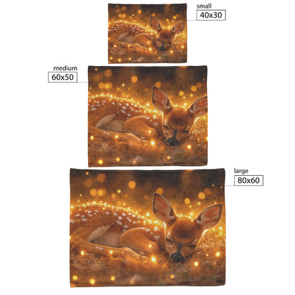 Young Fawn Resting in Golden Meadow with Glowing Fireflies and Warm Sunset Hues Fleece Sherpa Blanket - Awakening Righteousness