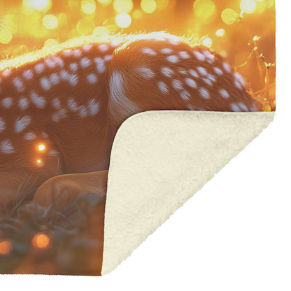 Young Fawn Resting in Golden Meadow with Glowing Fireflies and Warm Sunset Hues Fleece Sherpa Blanket - Awakening Righteousness