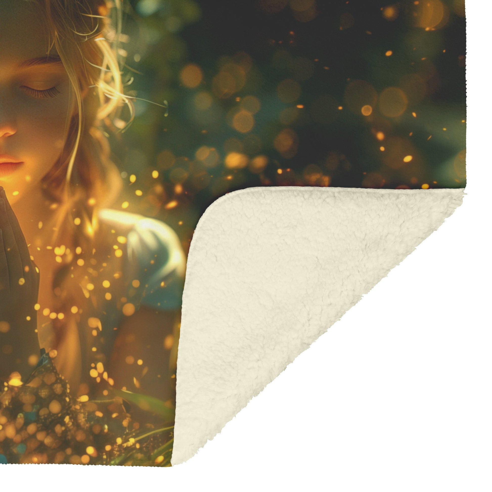 Young Girl Praying Surrounded by Glowing Fireflies and Tall Grasses Cozy Christian Fleece Sherpa Blanket - Awakening Righteousness