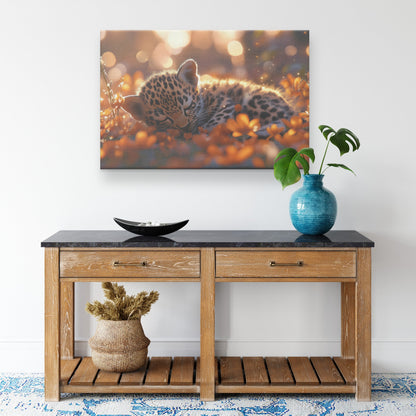 Young Leopard Cub Canvas Wall Art Decor Playfully Rolling in Vibrant Meadow with Glowing Flowers and Warm Soft Sunlight - Awakening Righteousness