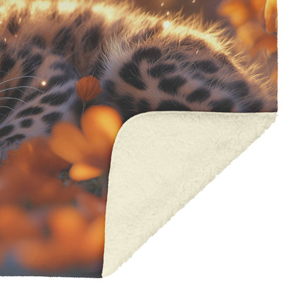 Young Leopard Cub Rolling Playfully in Meadow with Glowing Flowers and Soft Sunlight Fleece Sherpa Blanket - Awakening Righteousness