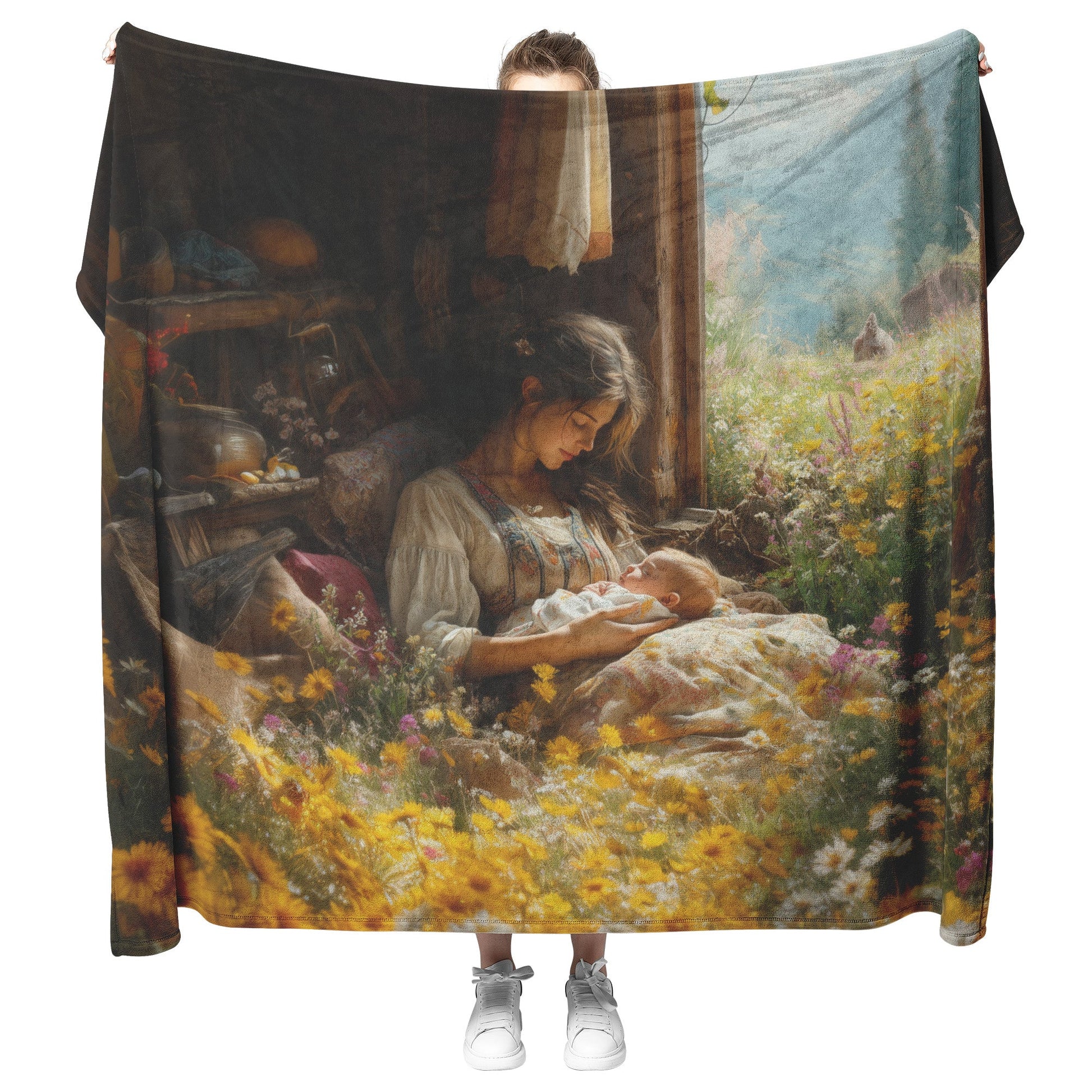Young Mother and Sleeping Baby in Cozy Cabin with Wildflowers and Majestic Mountains Cozy Christian Fleece Sherpa Blanket - Awakening Righteousness