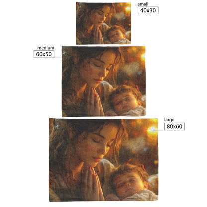 Young Mother Praying Over Sleeping Baby in Cozy Home with Golden Sunlight Cozy Christian Fleece Sherpa Blanket - Awakening Righteousness