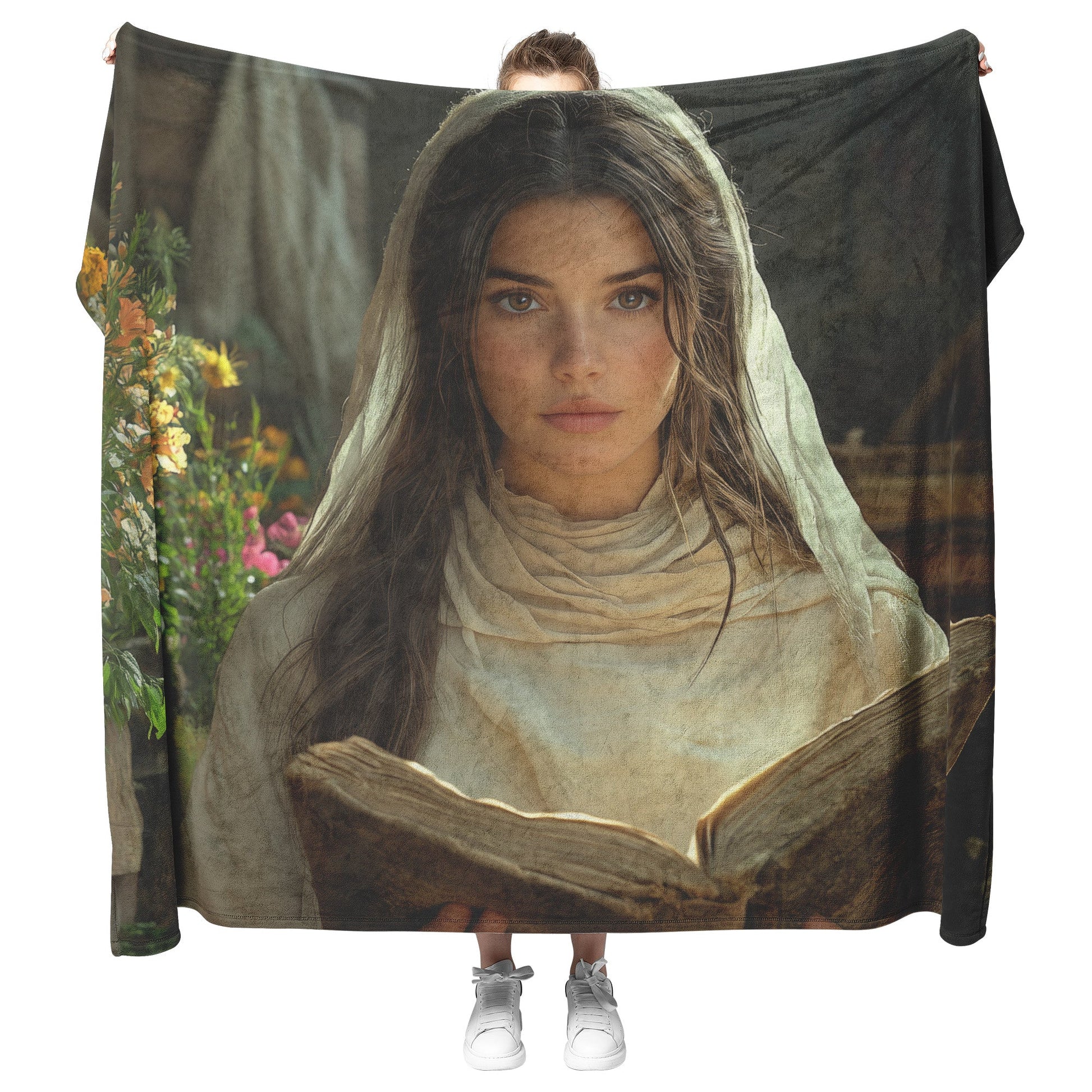 Young Woman Holding Bible in Lush Garden Surrounded by Colorful Blooms Cozy Christian Fleece Sherpa Blanket - Awakening Righteousness