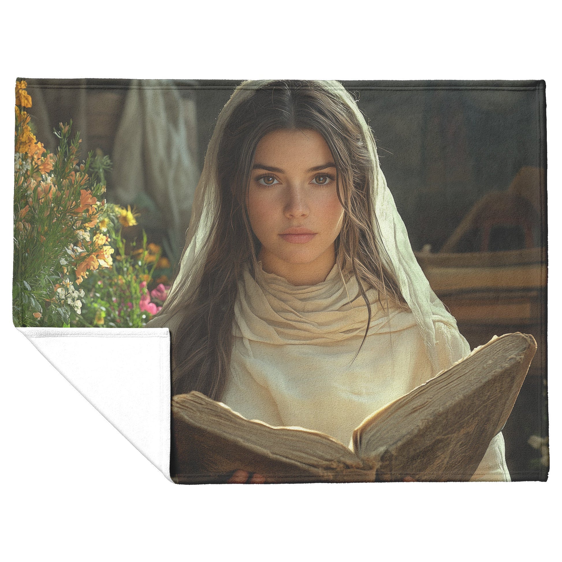 Young Woman Holding Bible in Lush Garden Surrounded by Colorful Blooms Cozy Christian Fleece Sherpa Blanket - Awakening Righteousness