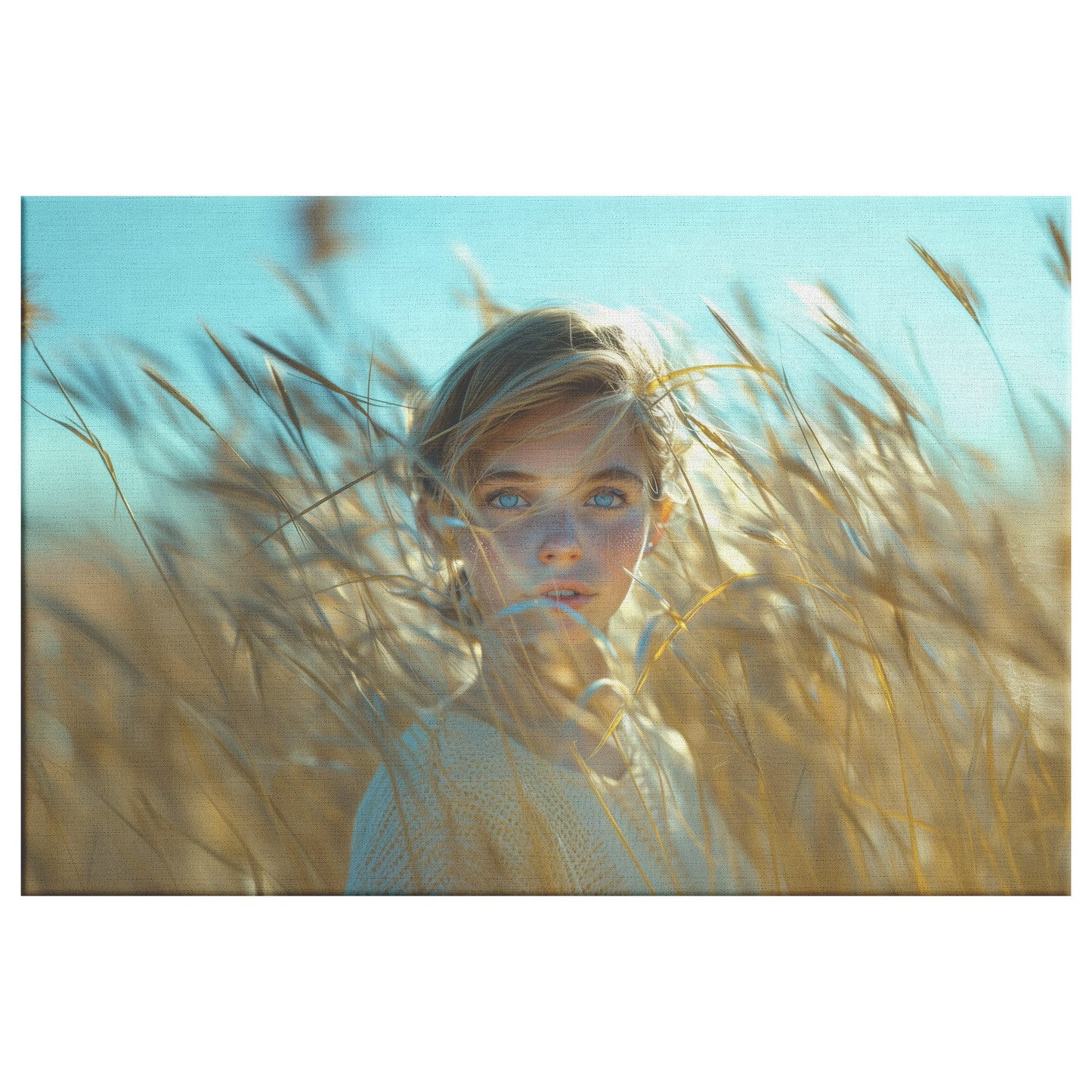 Young Woman in Golden Grasses Under Clear Sky Canvas Wall Art Decor - Awakening Righteousness