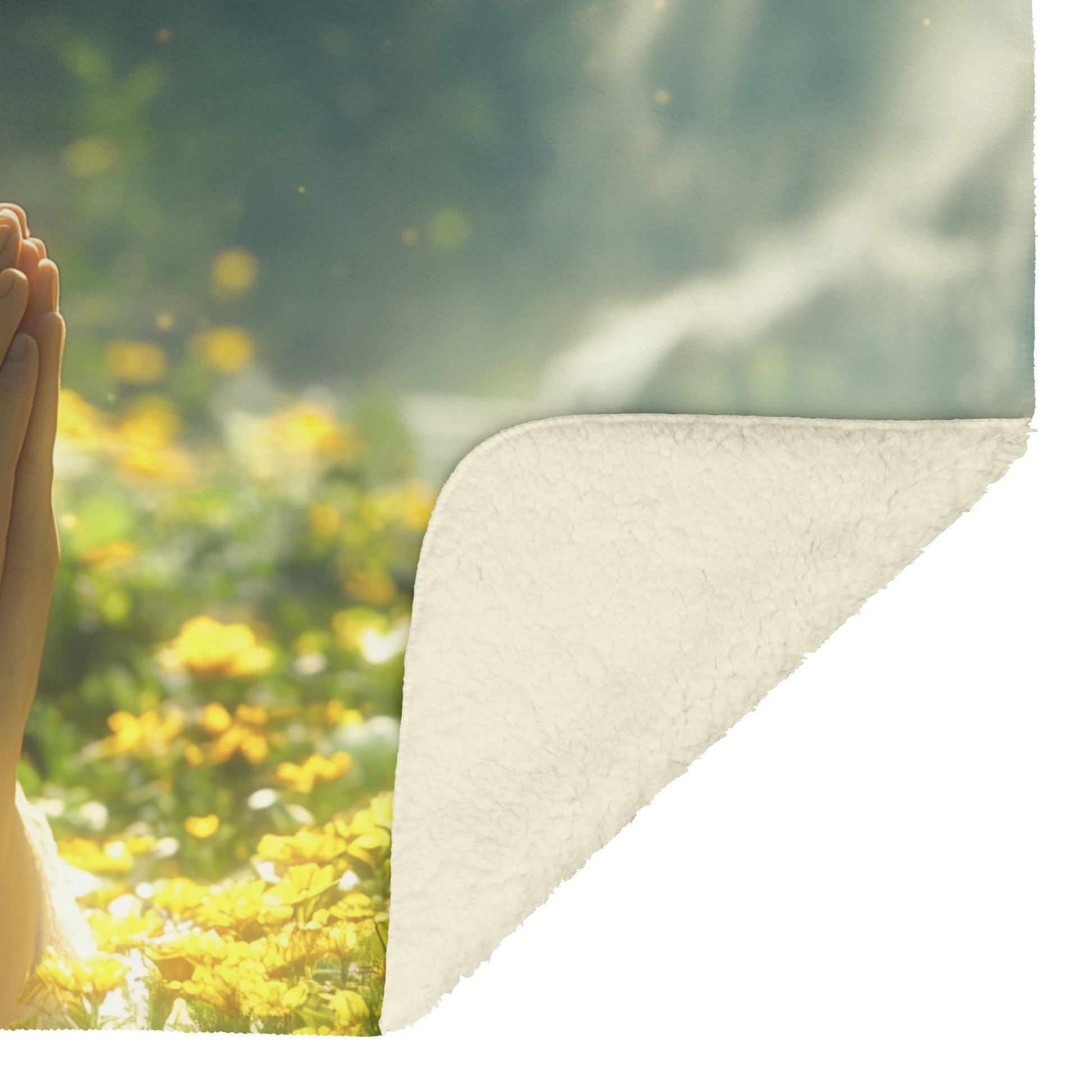 Young Woman Praying in Lush Greenery with Yellow Wildflowers and Sunbeams Cozy Christian Fleece Sherpa Blanket - Awakening Righteousness