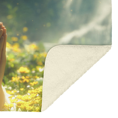 Young Woman Praying in Lush Greenery with Yellow Wildflowers and Sunbeams Cozy Christian Fleece Sherpa Blanket - Awakening Righteousness