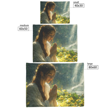 Young Woman Praying in Lush Greenery with Yellow Wildflowers and Sunbeams Cozy Christian Fleece Sherpa Blanket - Awakening Righteousness