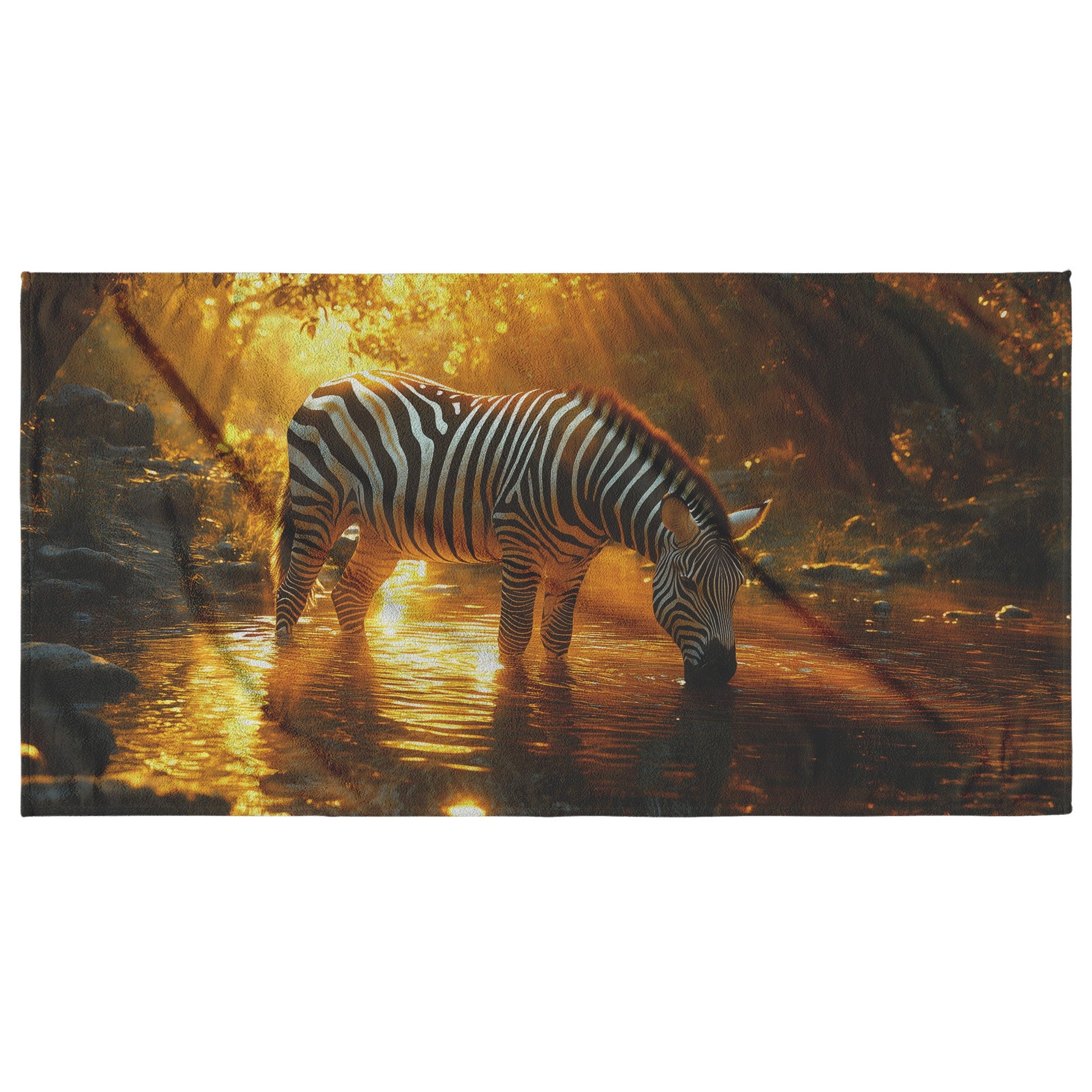 Zebra Drinking Water Under Glowing Sunlight with Stripes Reflecting in Shimmering River Beach Towel - Awakening Righteousness