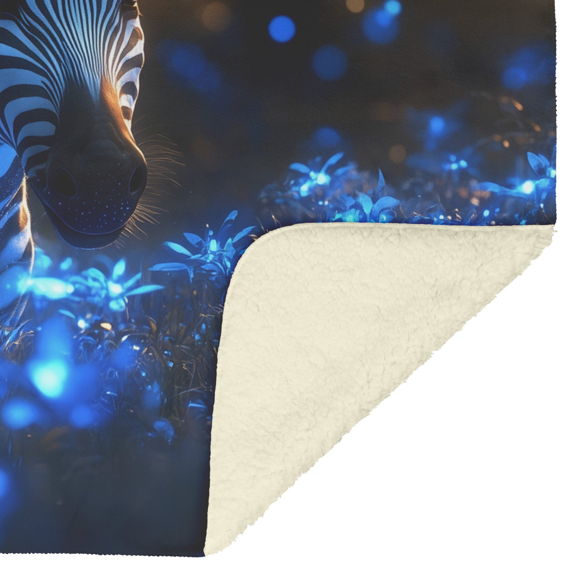 Zebra in Bioluminescent Forest Sherpa Fleece Blanket Glowing Blue Plants Ethereal Light Magical Cozy Home Decor - Awakening Righteousness
