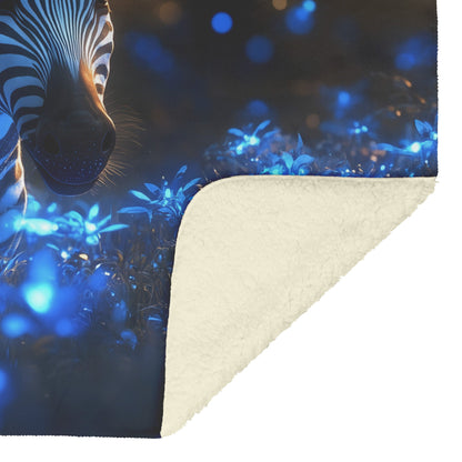 Zebra in Bioluminescent Forest Sherpa Fleece Blanket Glowing Blue Plants Ethereal Light Magical Cozy Home Decor - Awakening Righteousness