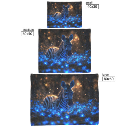 Zebra in Bioluminescent Forest Sherpa Fleece Blanket Glowing Blue Plants Ethereal Light Magical Cozy Home Decor - Awakening Righteousness