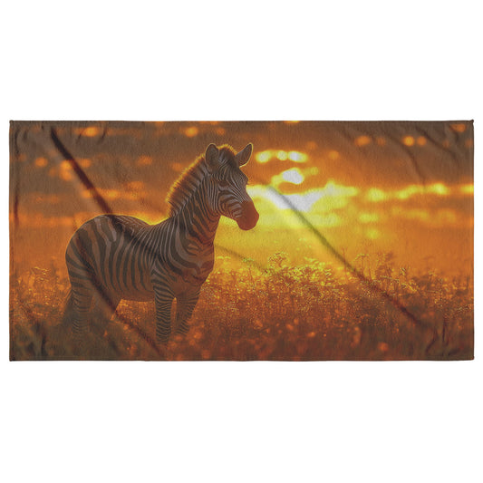 Zebra in Golden Savanna Glowing Sunset Illuminated Black and White Stripes Wildlife Art Scenic Beach Towel - Awakening Righteousness