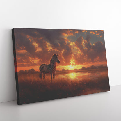 Zebra Standing in Golden Savanna Under Glowing Sunset with Stripes Illuminated by Soft Light Canvas Wall Art - Awakening Righteousness
