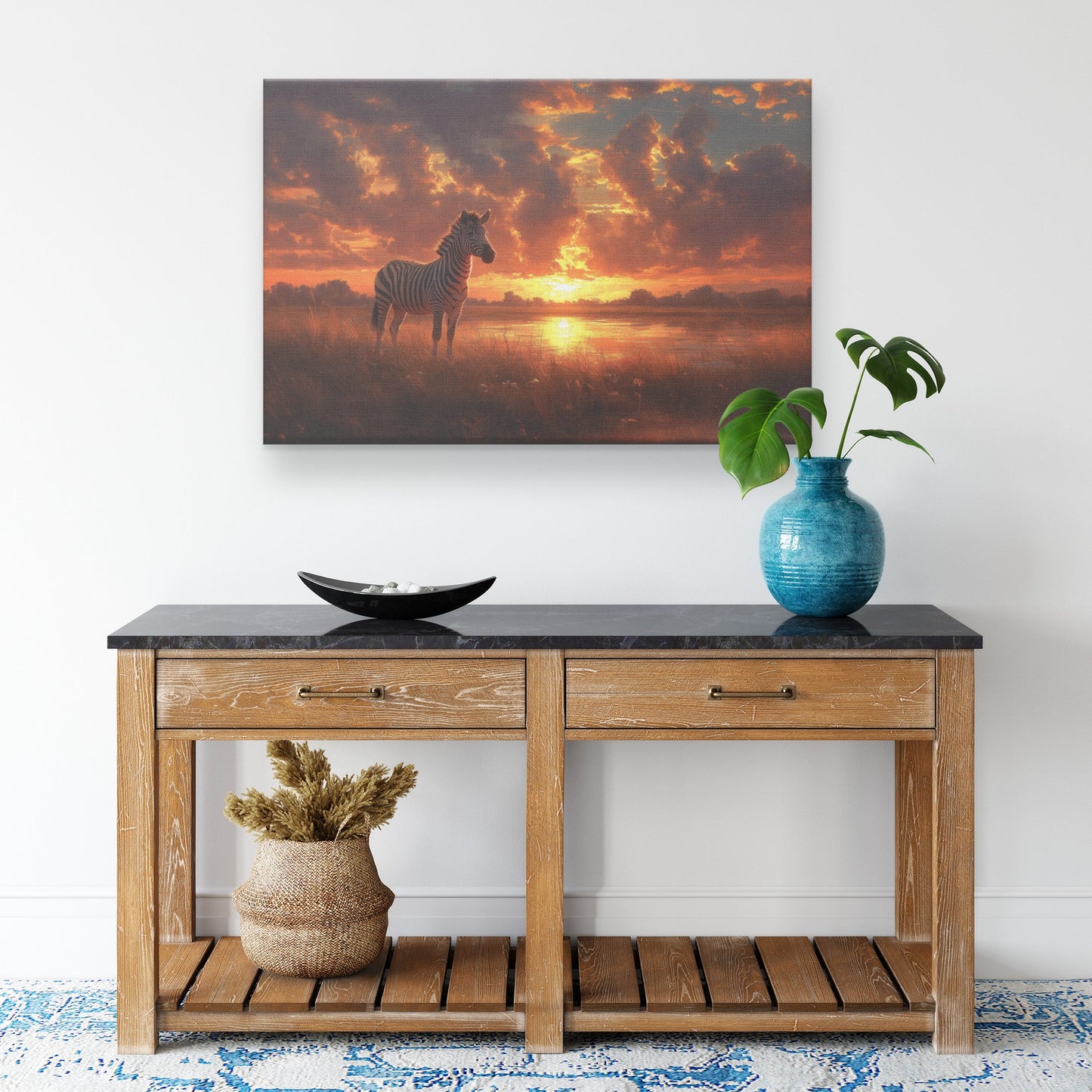 Zebra Standing in Golden Savanna Under Glowing Sunset with Stripes Illuminated by Soft Light Canvas Wall Art - Awakening Righteousness