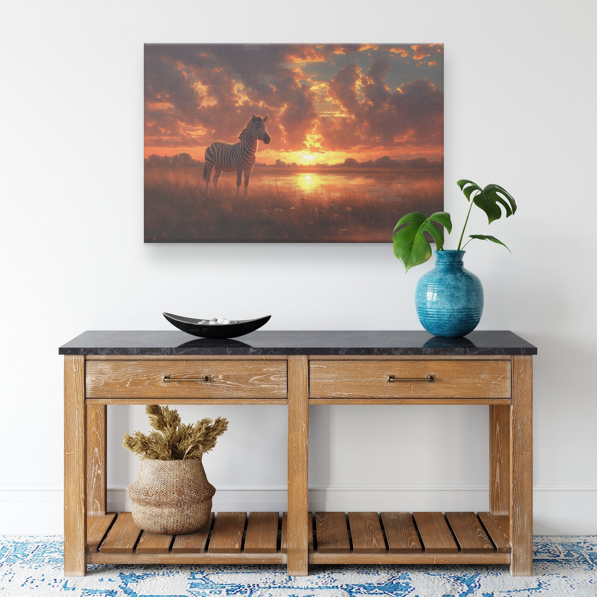 Zebra Standing in Golden Savanna Under Glowing Sunset with Stripes Illuminated by Soft Light Canvas Wall Art - Awakening Righteousness