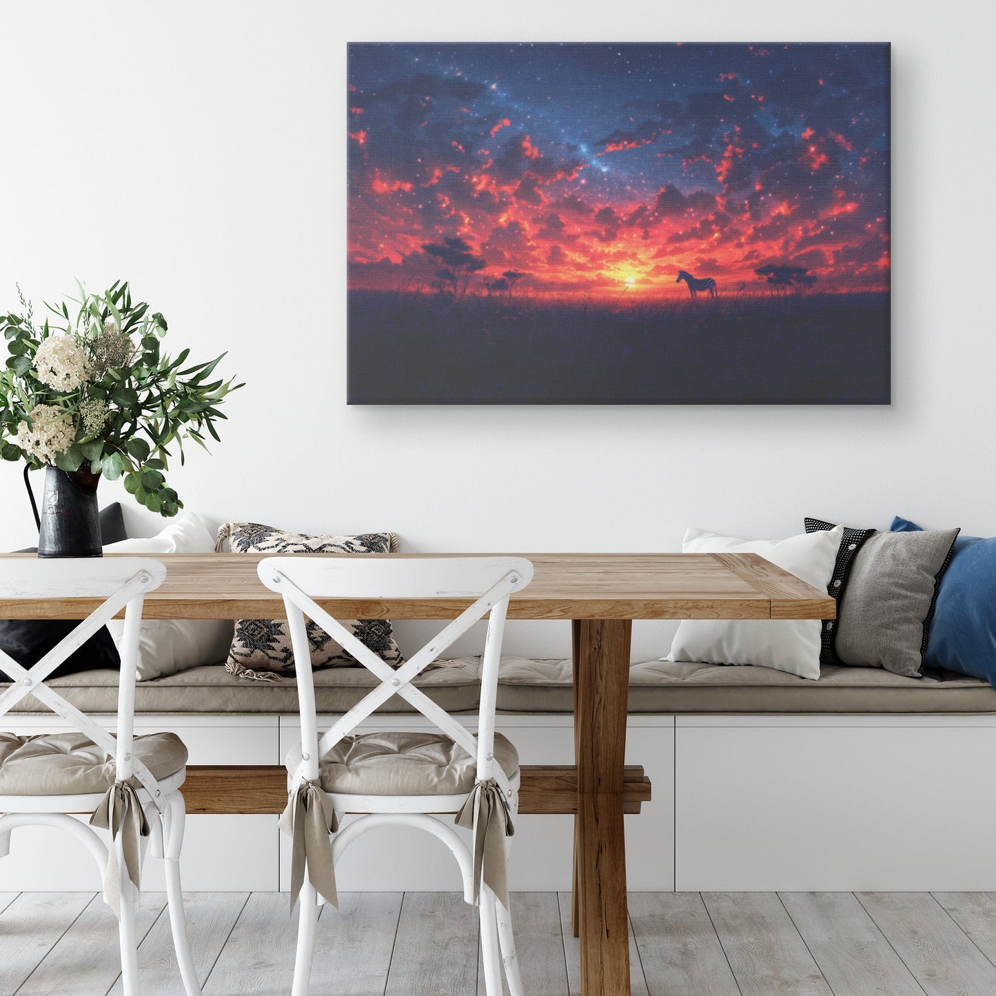 Zebra Standing Under Twilight Sky with Glowing Stars Peaceful Savanna Landscape Canvas Wall Art Decor - Awakening Righteousness