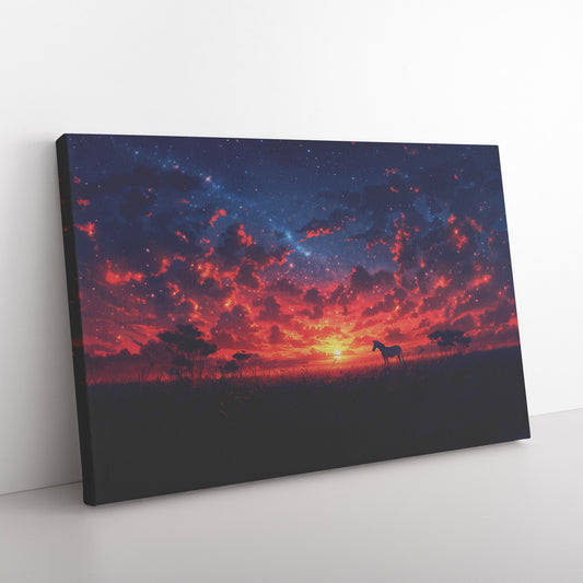 Zebra Standing Under Twilight Sky with Glowing Stars Peaceful Savanna Landscape Canvas Wall Art Decor - Awakening Righteousness
