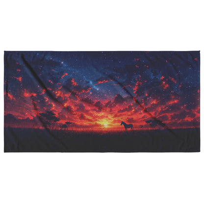 Zebra Under Vibrant Twilight Sky with Glowing Stars in Peaceful Savanna Landscape Beach Towel - Awakening Righteousness