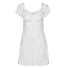 Women French Style White Casual V Neck Mini Dress Button Sundress