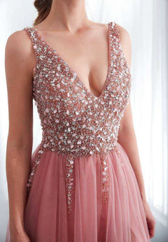 Pink High Split Tulle Sweep Sleeveless A-line Lace Up Backless Evening Gown