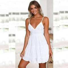 New V Neck Lace Backless Spaghetti Strap Summer Dress
