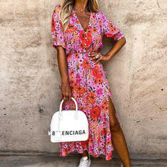 Summer Sexy Fashion Slim Button V Neck Elegant Gorgeous Floral Print A-Line Short Sleeve Slit Long Dress